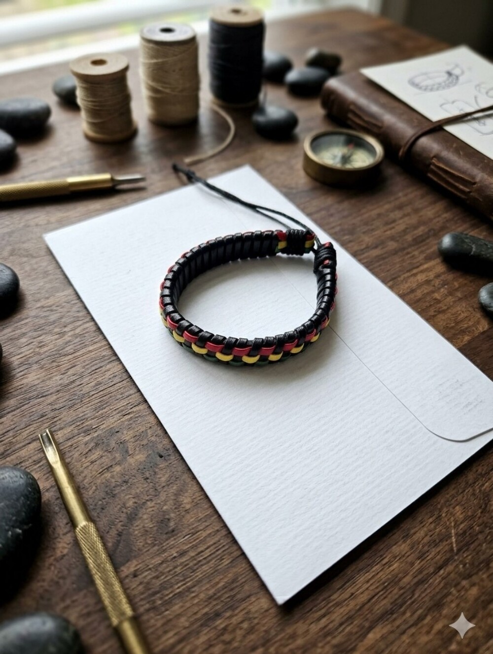 Black Braided Leather Bracelet with Red and Yellow Accents